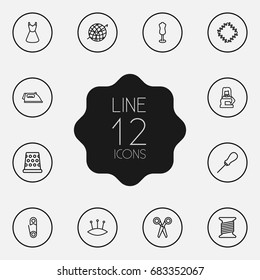 Set Of 12 Stitch Outline Icons Set.Collection Of Dummy, Tremble, Awl And Other Elements.