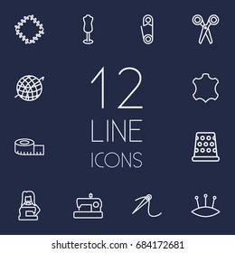 Set Of 12 Stitch Outline Icons Set.Collection Of Needle, Scissors, Leather And Other Elements.