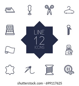 Set Of 12 Stitch Outline Icons Set.Collection Of Bobbin, Tremble, Tailor And Other Elements.