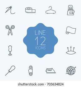 Set Of 12 Stitch Outline Icons Set.Collection Of Tailor, Awl, Safety Pin And Other Elements.