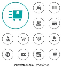 Set Of 12 Store Icons Set.Collection Of Best Offer, Cargo, Payment And Other Elements.