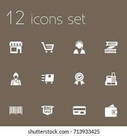 Set Of 12 Store Icons Set.Collection Of Market, Seller, Till And Other Elements.