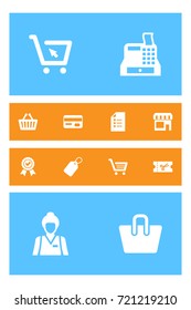 Set Of 12 Store Icons Set.Collection Of Cart, Guarantee, Label And Other Elements.