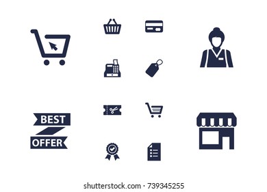 Set Of 12 Store Icons Set.Collection Of Payment, Guarantee, Till And Other Elements.