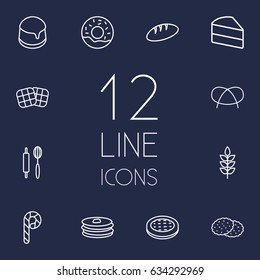 Set Of 12 Stove Outline Icons Set.Collection Of Bread, Wheat, Pancakes And Other Elements.