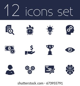 Set Of 12 Strategy Icons Set.Collection Of Call Center, Time In Fire, Gear And Other Elements.