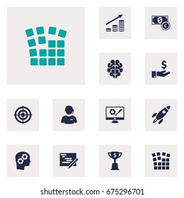 Set Of 12 Strategy Icons Set.Collection Of Startup Building, Intelligence, Goblet And Other Elements.