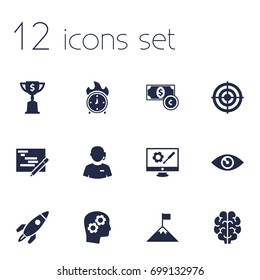 Set Of 12 Strategy Icons Set.Collection Of Rocket, Goblet, Currency And Other Elements.
