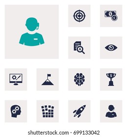 Set Of 12 Strategy Icons Set.Collection Of Currency, Rocket, Thinking Head And Other Elements.