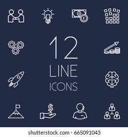 Set Of 12 Strategy Outline Icons Set.Collection Of Grid Structure, Working Process, Startup And Other Elements.