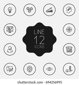 Set Of 12 Strategy Outline Icons Set.Collection Of Target, Working Process, Development And Other Elements.