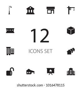 Set of 12 structure icons set. Collection of lifting, cube, lamppost and other elements.