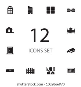 Set of 12 structure icons set. Collection of wooden barrier, palace, door and other elements.