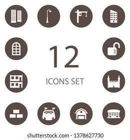 Set of 12 structure icons set. Collection of business center, gothic, aviation and other elements.