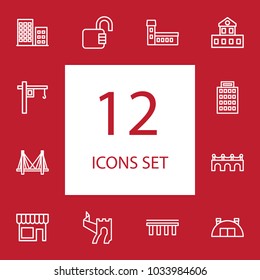 Set of 12 structure icons line style set. Collection of bridge, cottage, warehouse and other elements.