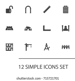Set Of 12 Structure Icons Set.Collection Of Ruler, Storehouse, Measurement And Other Elements.