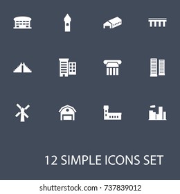 Set Of 12 Structure Icons Set.Collection Of Farm, Apartment, Farm Mill And Other Elements.