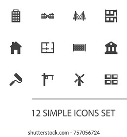 Set Of 12 Structure Icons Set.Collection Of Gate, Blueprint, Farm Mill And Other Elements.