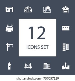 Set Of 12 Structure Icons Set.Collection Of Belfry, Ballpark, Apartment And Other Elements.