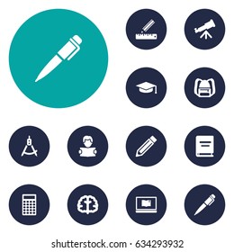 Set Of 12 Studies Icons Set.Collection Of Rucksack, Reading, Notebook And Other Elements.