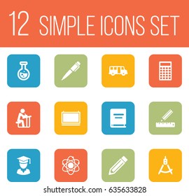 Set Of 12 Studies Icons Set.Collection Of School Autobus, Pencil, Flask And Other Elements.
