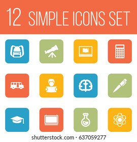 Set Of 12 Studies Icons Set.Collection Of Marrow, Flask, Calculate And Other Elements.