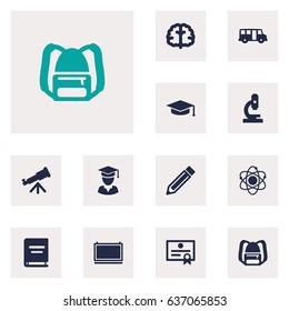 Set Of 12 Studies Icons Set.Collection Of Binoculars, Marrow, Blackboard And Other Elements.