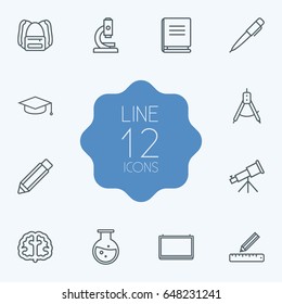 Set Of 12 Studies Outline Icons Set.Collection Of Brain, Telescope, Ruler And Other Elements.