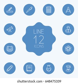 Set Of 12 Studies Outline Icons Set.Collection Of Encyclopedia, Graduated, Ruler And Other Elements.