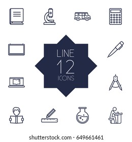 Set Of 12 Studies Outline Icons Set.Collection Of Laptop, Pupil, Pen And Other Elements.