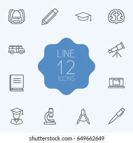 Set Of 12 Studies Outline Icons Set.Collection Of Backpack, Graduated, Compass And Other Elements.