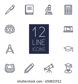 Set Of 12 Studies Outline Icons Set.Collection Of Calculator, Telescope, Compass And Other Elements.