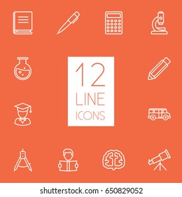 Set Of 12 Studies Outline Icons Set.Collection Of Telescope, Test Tube, Graduated And Other Elements.
