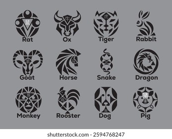 Set of 12 stylized Chinese zodiac animal icons.  Geometric, black and white design.