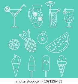 Set of 12 summer icons. Cold drinks, fruits, ice-creams