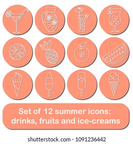 Set of 12 summer icons. Cold drinks, fruits, ice-creams