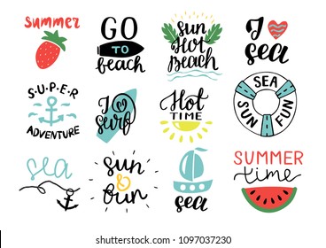 Set of 12 summer logo with hand lettering Hot time, I love surf, Sea, Go to beach, Super adventure, Sun. Vacation. Marine background. Icon.
