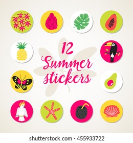 Set of 12 summer stickers. Flowers, dragon fruit, monstera leaf, papaya, pineapple, toucan, butterfly, avocado, cockatoo, starfish, coconut, shell. Perfect for scrapbooking, invitations, labels