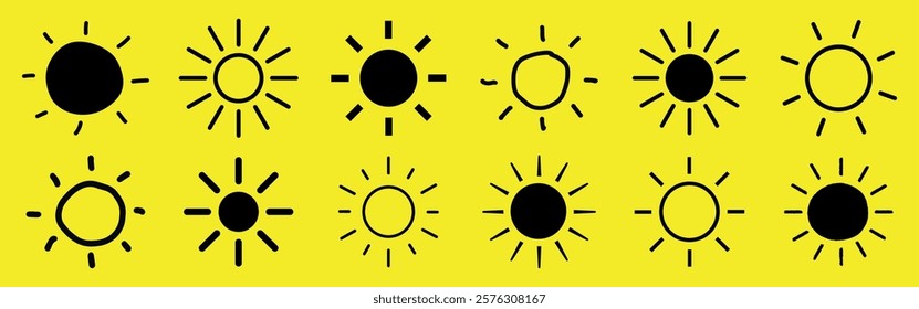 Set of 12 sun icons on a yellow background. Sun icons vary in style. Simple sun designs ideal for weather apps, graphics, and sunny themes. Weather icons, isolated vector element set.