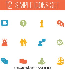 Set Of 12 Support Icons Set.Collection Of Gear , Hand, Help Elements.