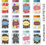 Set of 12 sweets jars with cute colorful candy vector illustration hand drawn