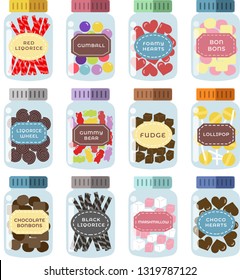 Set of 12 sweets jars with cute colorful candy vector illustration hand drawn