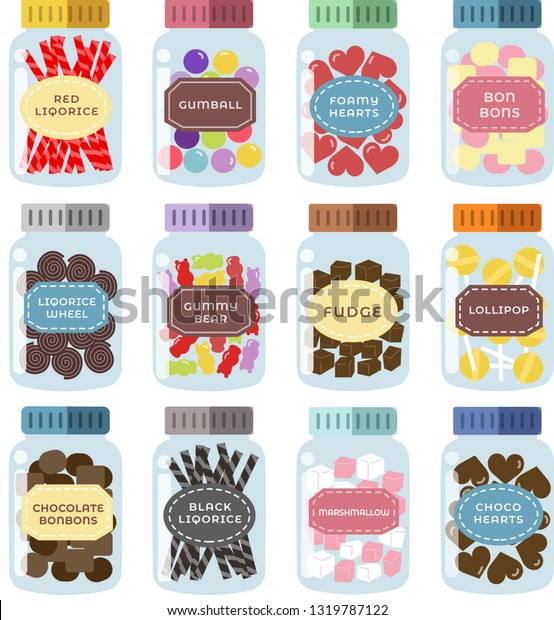 Set of 12 sweets jars with cute colorful candy\
vector illustration hand\
drawn