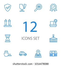 Set of 12 systematization icons line style set. Collection of port, car, crane and other elements.