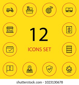 Set of 12 systematization icons line style set. Collection of flammable, in time, important and other elements.