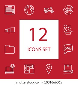 Set of 12 systematization icons line style set. Collection of uv protect, carrying, scales and other elements.