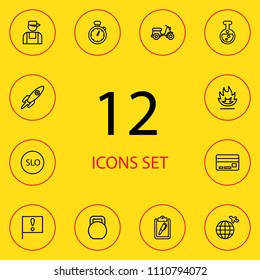 Set of 12 systematization icons line style set. Collection of fast, moped, slo and other elements.