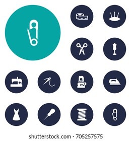 Set Of 12 Tailor Icons Set.Collection Of Clothier, Bodkin, Flatiron And Other Elements.