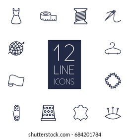 Set Of 12 Tailor Outline Icons Set.Collection Of Safety Pin, Leather, Measuring Tape And Other Elements.