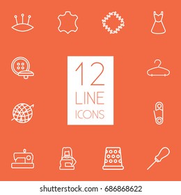 Set Of 12 Tailor Outline Icons Set.Collection Of Buttons, Sewing, Tremble And Other Elements.